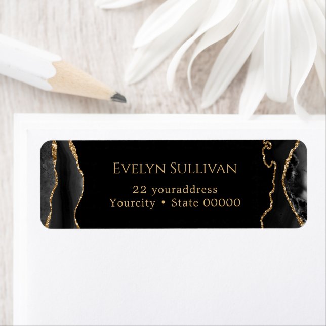 Black and gold agate return address label (Insitu)
