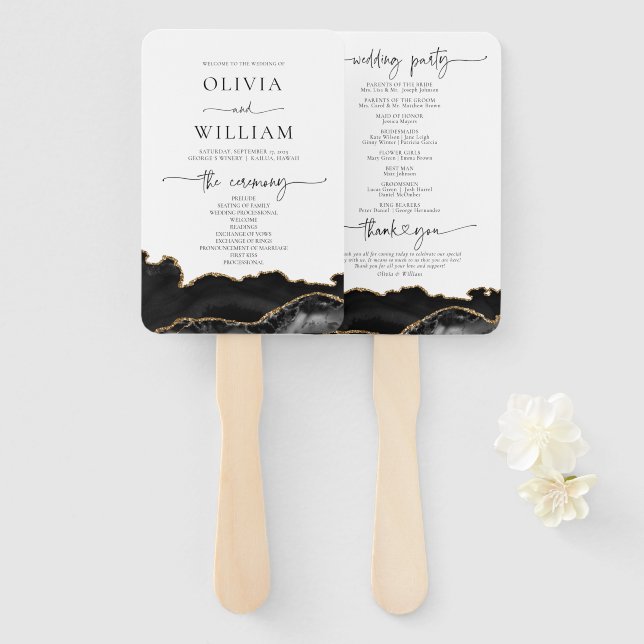 Black and Gold Agate Wedding Program Hand Fan (Front and Back)