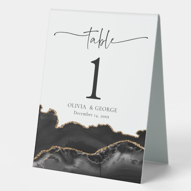 Black and Gold Agate Wedding Table Tent Sign (Front)