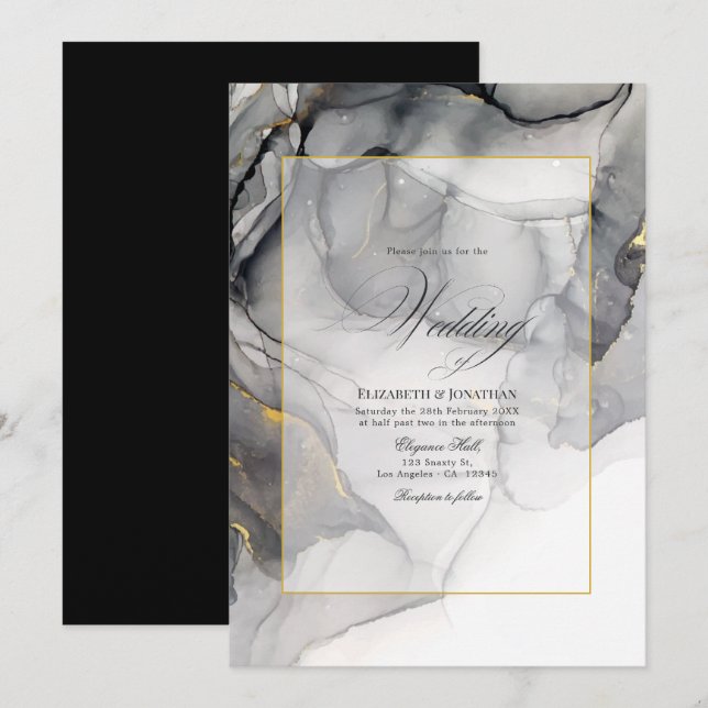 Black and Gold Alcohol Ink Wedding Invitation (Front/Back)