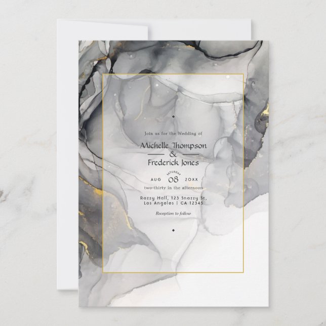 Black and Gold Alcohol Ink Wedding Invitation (Front)