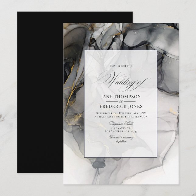 Black and Gold Alcohol Ink Wedding Invitation (Front/Back)