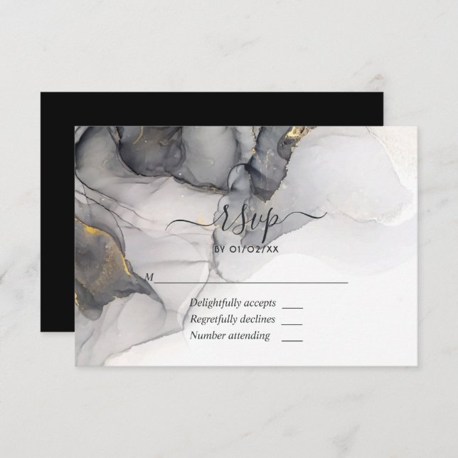 Black and Gold Alcohol Ink Wedding RSVP Card (Front/Back)