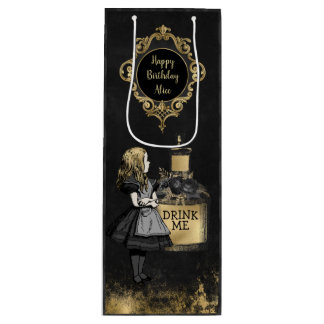 Black and Gold Alice drink me Wine Gift Bag