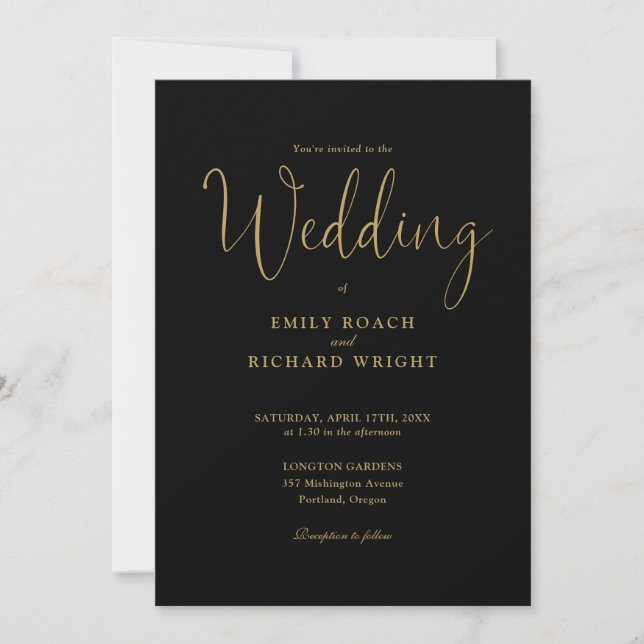 Black And Gold All In One Elegant Script Wedding Invitation (Front)