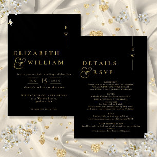 Black And Gold All In One Modern Monogram Wedding Invitation
