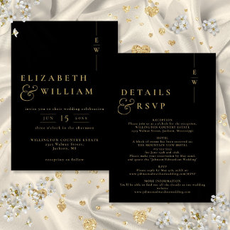 Black And Gold All In One Modern Monogram Wedding Invitation