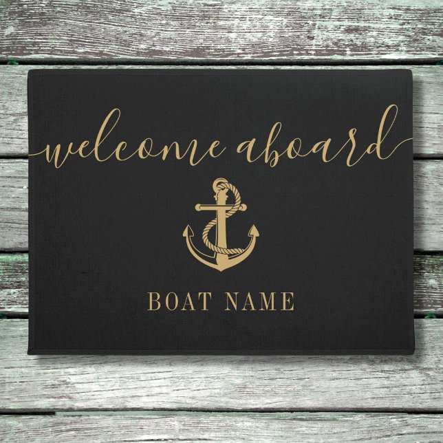 Black And Gold Anchor Boat Name Welcome Aboard Doormat (Creator Uploaded)