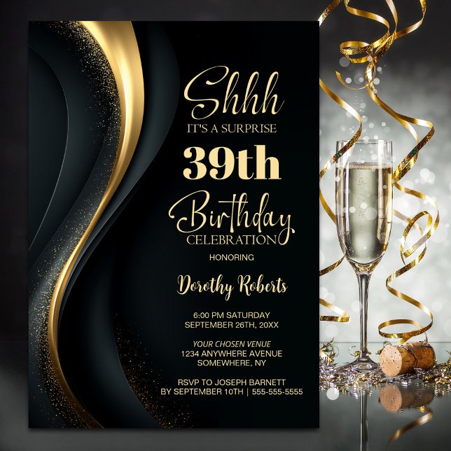 Black and Gold Any Age Surprise Birthday Party Invitation (Creator Uploaded)