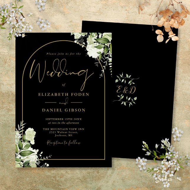 Black And Gold Arch Greenery Monogram Wedding Invitation (Black And Gold Arch Greenery Monogram Wedding Invitation)