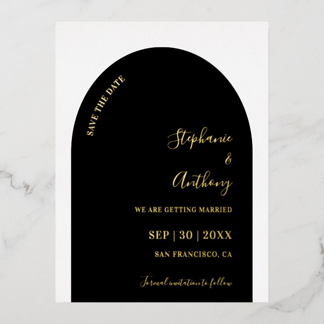 Black and Gold Arch Wedding Save the Date Foil Holiday Postcard (Front)
