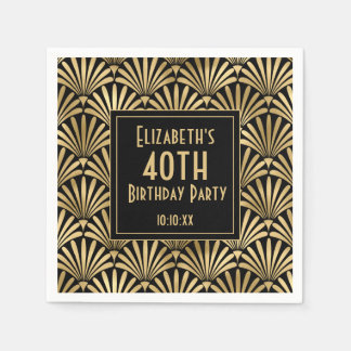 Black and Gold Art Deco 40th Birthday Party Napkin
