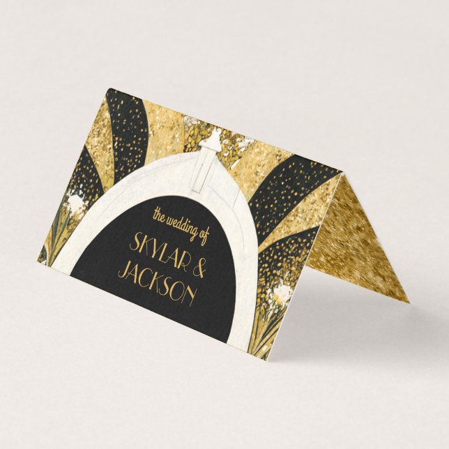 Black and Gold Art Deco Archway Wedding Place Card (Back)