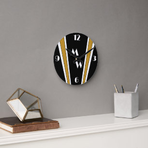 Black And Gold Art Deco Design Monogrammed Round Clock