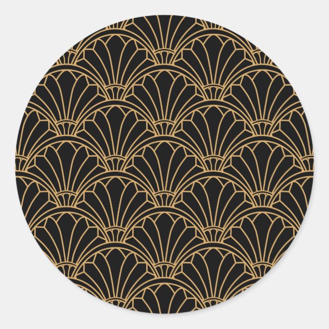  Black and Gold Art Deco Fan Flowers Motif  Classic Round Sticker (Front)