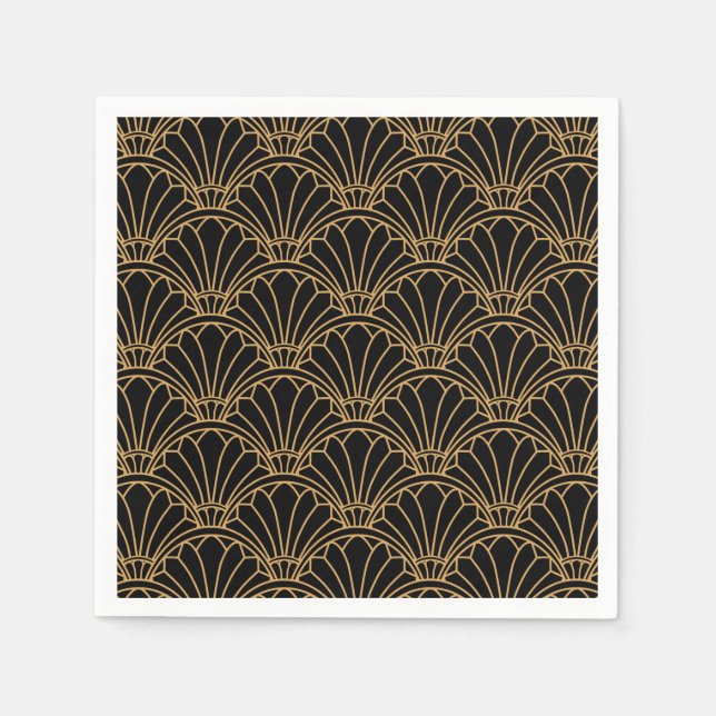 Black and Gold Art Deco Fan Flowers Motif Napkin (Front)