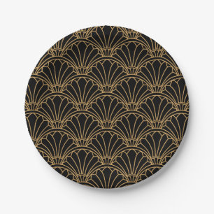 Black and Gold Art Deco Fan Flowers Motif Paper Plate