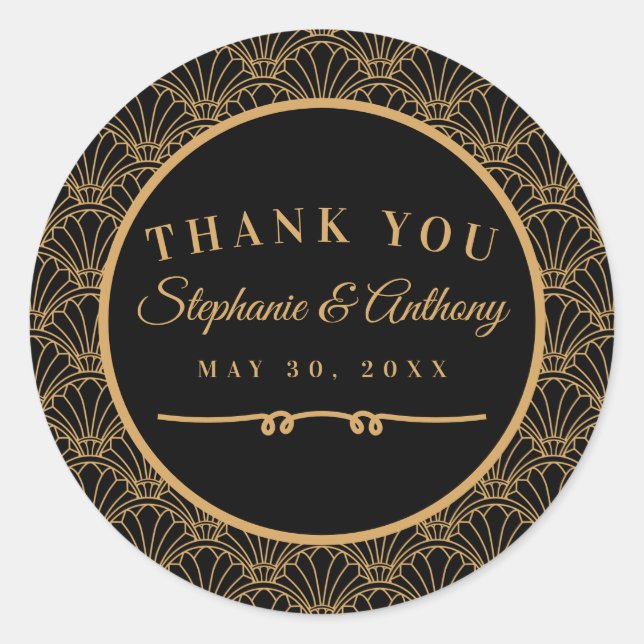 Black and Gold Art Deco Fan Flowers Wedding  Classic Round Sticker (Front)