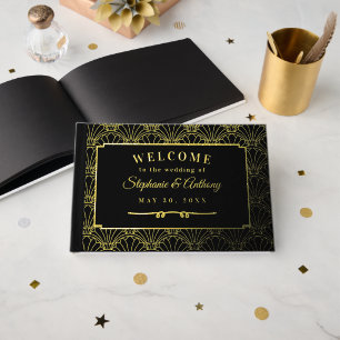Black and Gold Art Deco Fan Flowers Wedding   Guest Book