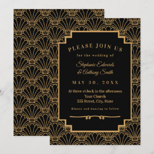 Black and Gold Art Deco Fan Flowers Wedding   Invitation