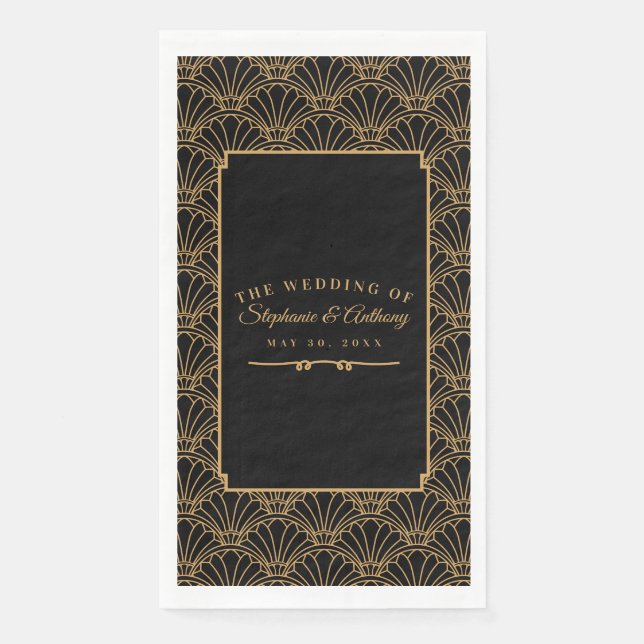 Black and Gold Art Deco Fan Flowers Wedding    Napkin (Front)