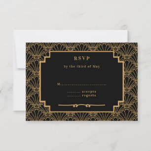 Black and Gold Art Deco Fan Flowers Wedding  RSVP Card
