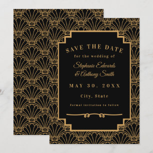 Black and Gold Art Deco Fan Flowers Wedding  Save The Date