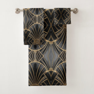 black and gold Art Deco fan pattern Bath Towel Set
