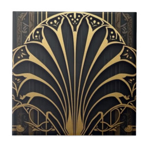 black and gold Art Deco fan pattern Tile