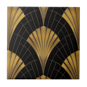 black and gold Art Deco fan pattern Tile