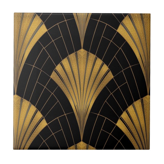 black and gold Art Deco fan pattern  Tile (Front)
