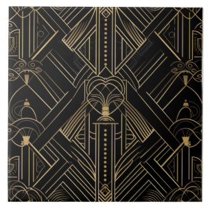Black and Gold Art Deco Fine Line Ornament Tile