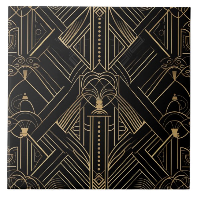 Black and Gold Art Deco Fine Line Ornament Tile (Front)