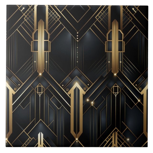 Black and Gold Art Deco, Geometric Fun Tile (Front)