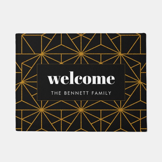 Black and gold art deco geometric pattern doormat (Front)