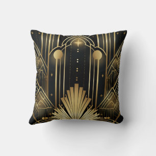 Black and Gold Art Deco - Geometric Vintage Elegan Cushion