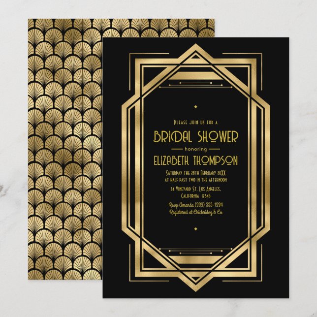 Black and Gold Art Deco Gold Bridal Shower Invitation (Front/Back)