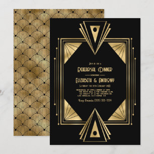 Black and Gold Art Deco Gold Rehearsal Dinner Invitation