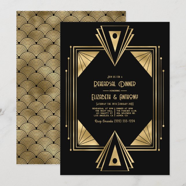 Black and Gold Art Deco Gold Rehearsal Dinner Invitation (Front/Back)