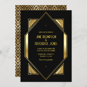 Black and Gold Art Deco Gold Wedding Photo Invitation