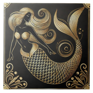 Black and Gold Art Deco Mermaid Line Art Tile