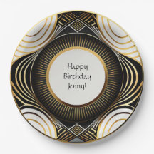 Black and Gold Art Deco Paper Plates Personalised