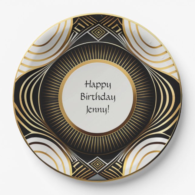 Black and Gold Art Deco Paper Plates Personalised (Front)