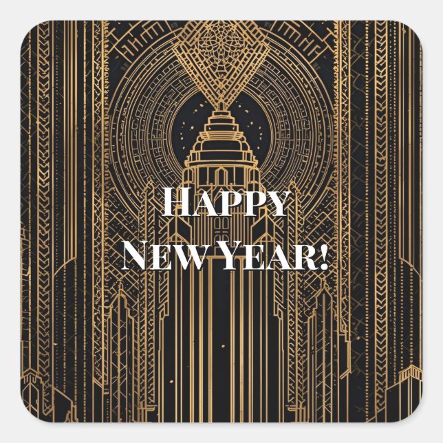 Black and Gold Art Deco Party Hat Square Sticker (Front)