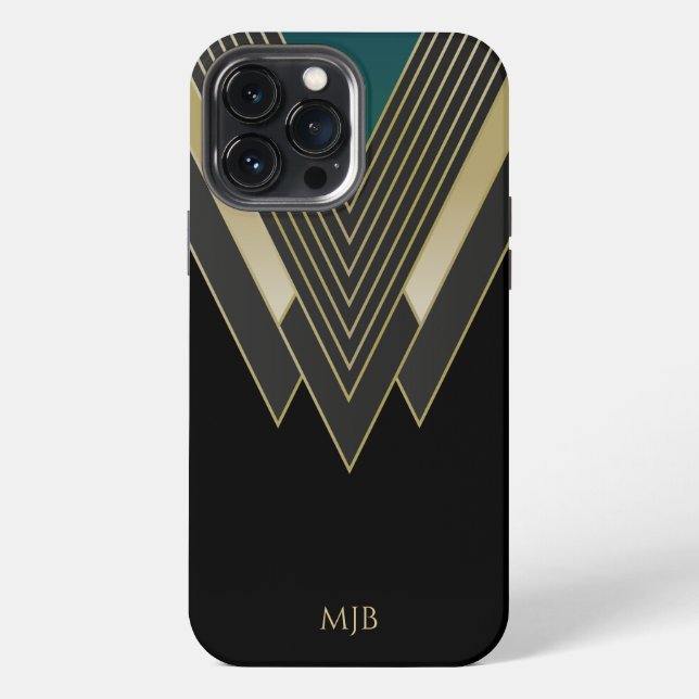 Black and Gold Art Deco Pattern with Monogram iPhone Case (Back)