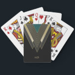 Black and Gold Art Deco Pattern with Monogram Playing Cards<br><div class="desc">A beautifully sophisticated Art Deco geometric design in black, gold, charcoal and teal. The design is symmetrical and streamlined, and pleasing to the eye. Personalise the monogram with your desired monogram or other text. You can also delete the sample monogram using the "personalise" option, then removing the sample text. The...</div>