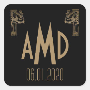 Black and Gold Art Deco Peacock Monogram Sticker