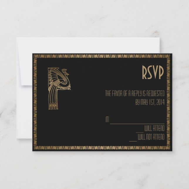 Black and Gold Art Deco Peacock Response Card (Front)