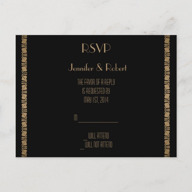Black and Gold Art Deco Peacock RSVP Postcard (Front)