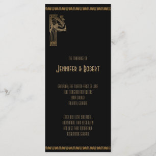 Black and Gold Art Deco Peacock Wedding Program Programme